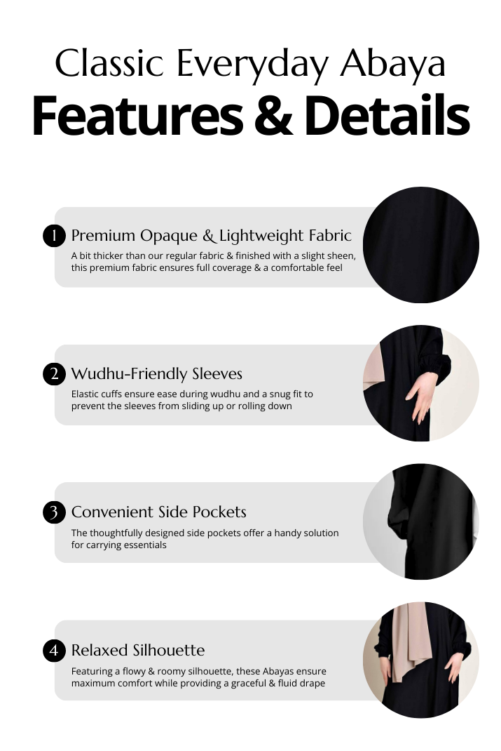Classic Everyday Abaya - BLACK (FREE HIJAB)