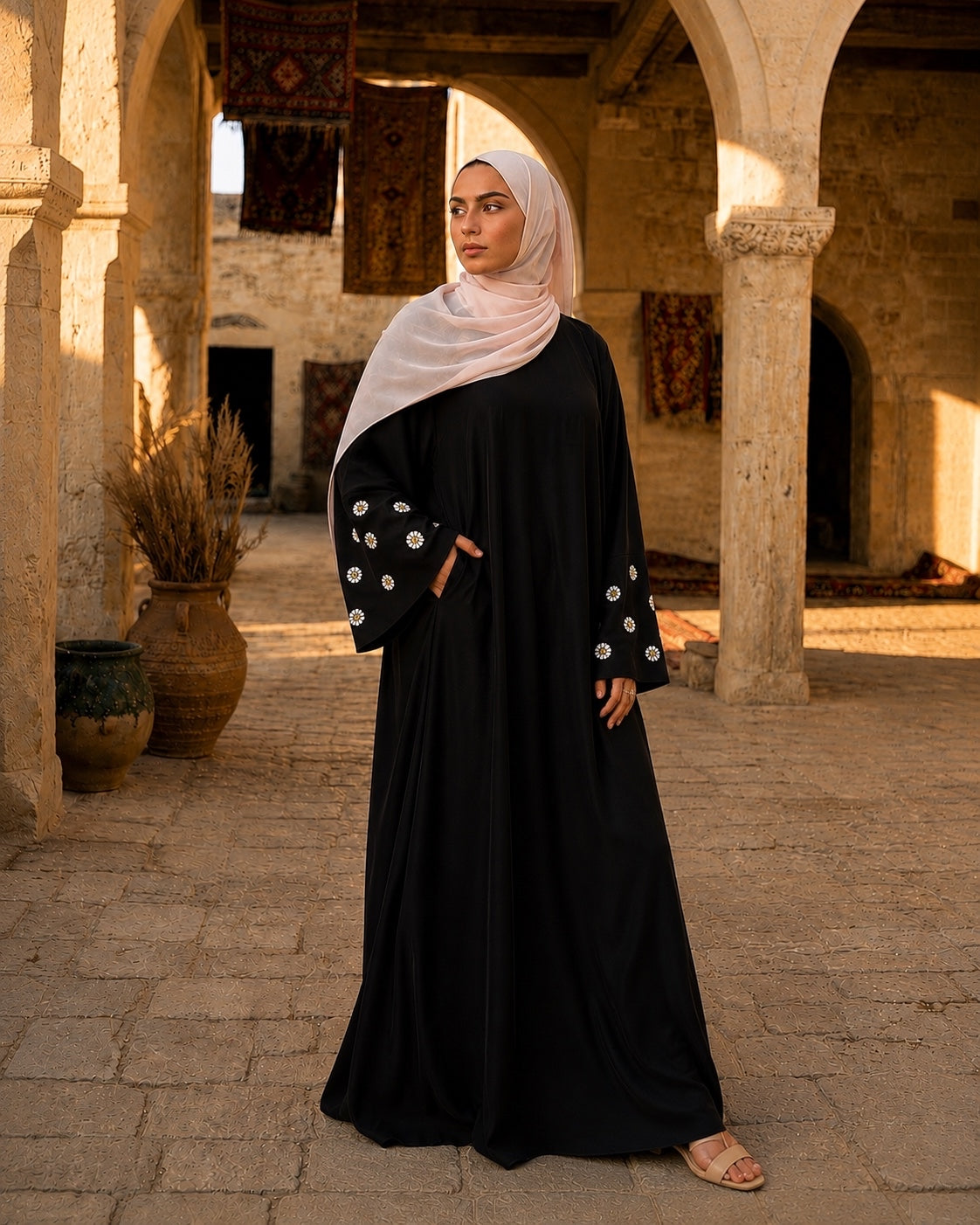 Embellished Sleeves Abaya - BLACK