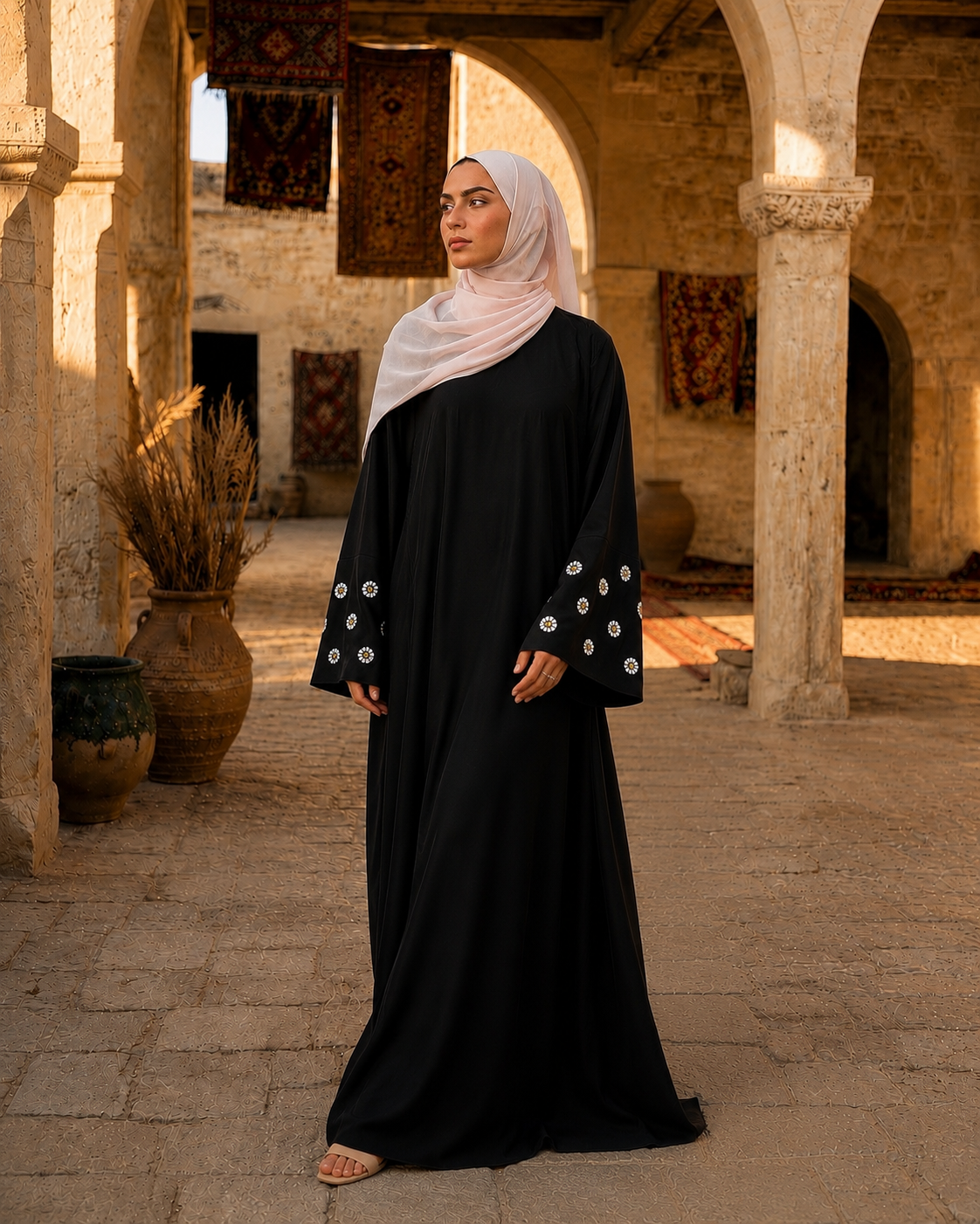 Embellished Sleeves Abaya - BLACK